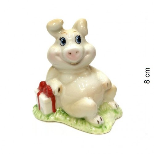 DIN3104  (1-144) Фигурка Свинка с подарком, фарфор 8*4*8см
